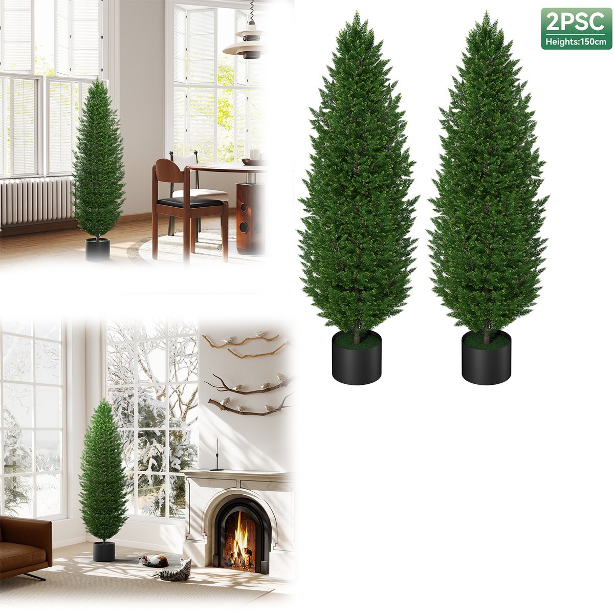 Kunstcederplant 150cm Kunstplanten met pot, Kunstcipres, Kunstboom voor woonkamer, slaapkamer, kantoordecoratie (2 stuks)