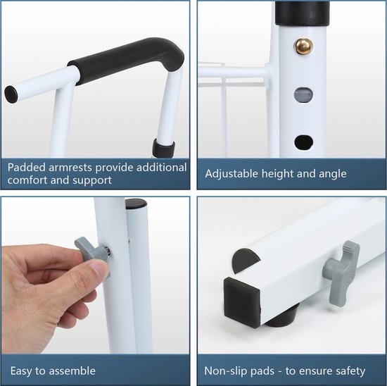 Gedetailleerde opnames van het witte toiletframe: zachte armleuningen, verstelbare hoogte/hoek, montagegemak en antislipvoetjes.