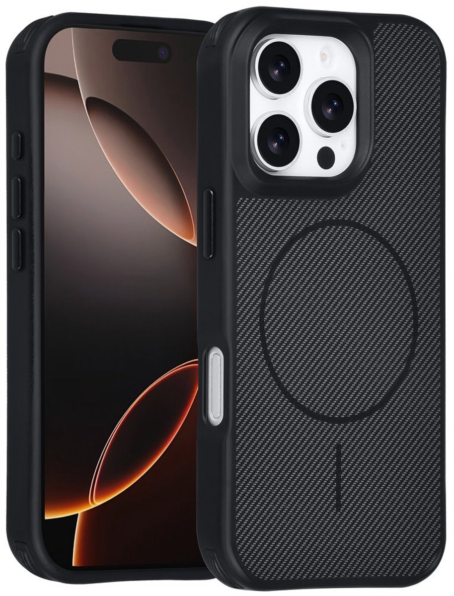 TUNIQ Back cover voor iPhone 16 Pro - MagSafe - Carbon Fiber - Antishock - Zwart
