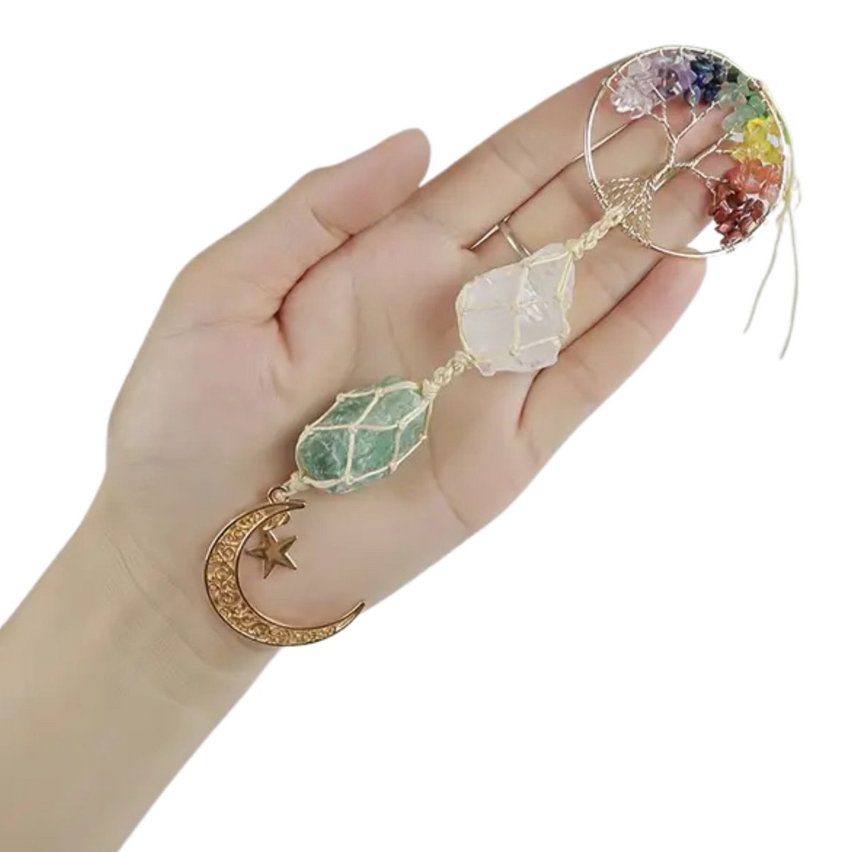 Edelsteen Hanger met Maan, Ster & Levensboom - Handgemaakte Boho Kristal Decoratie voor Auto, Raam of Interieur - Spirituele Suncatcher met Natuurlijke Stenen - Positieve Energie & Bescherming - Unisex Cadeau voor Vrouwen en Mannen