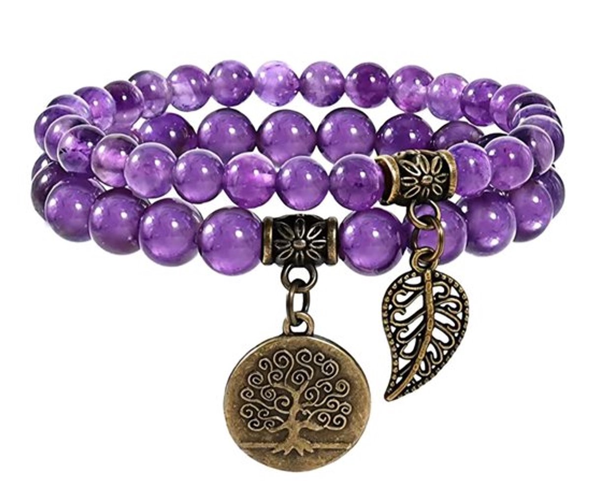 S4H Amethist Mala Armband – Natuursteen 8mm – Boom des Levens & Blad Bedel – Spirituele Bescherming, Innerlijke Rust & Kracht