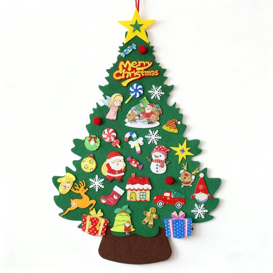 Kerstboom van Vilt - 100x70 cm Met 24 Decoraties - Educatief Speelgoed - Hangbaar Wandkleed voor Kinderen