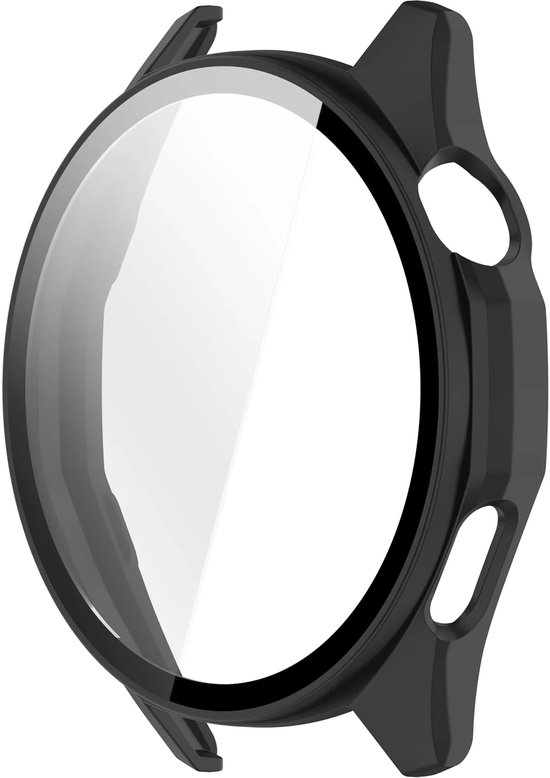 Zwarte smartwatch case met glas, geen horloge.