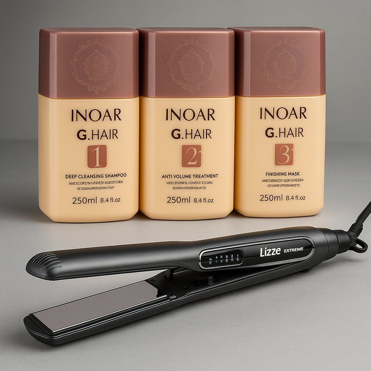 INOAR G HAIR Kit Lissage Brésilien - 3 x 250 ml & Lizze | Extreme Titanium Hair Straightener | Stijltang | 250°C / 220V