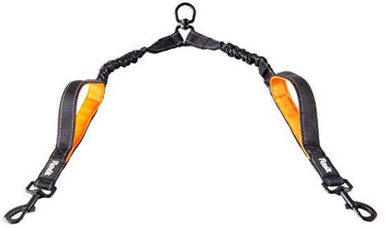 Floxik Dubbele riem compleet set groot | Flexibele, reflecterende premium hondenriem voor twee honden om te koppelen met korte houder Zwart