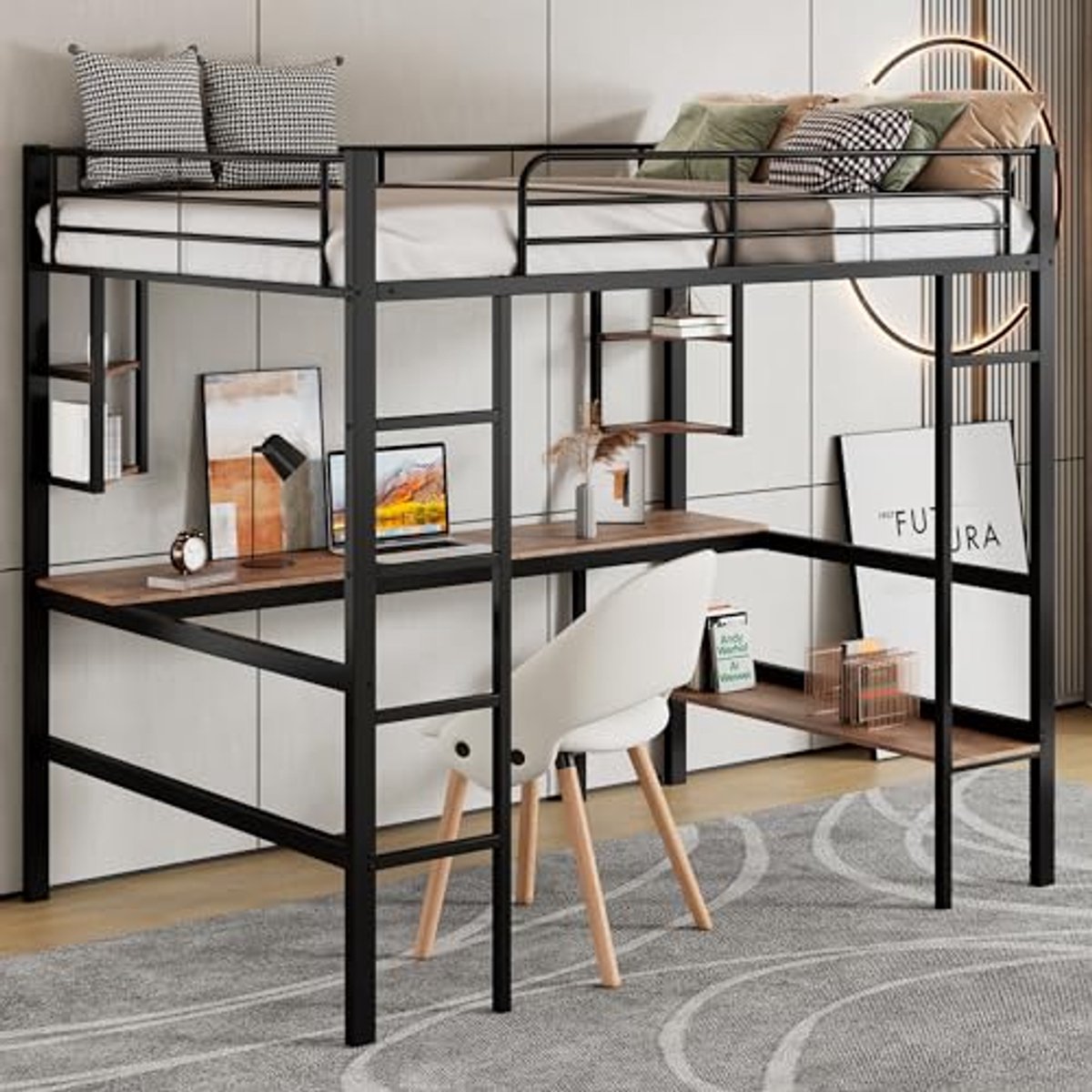 Metalen Hoogslaper met Bureau en Boekenkast - 90 x 200 cm