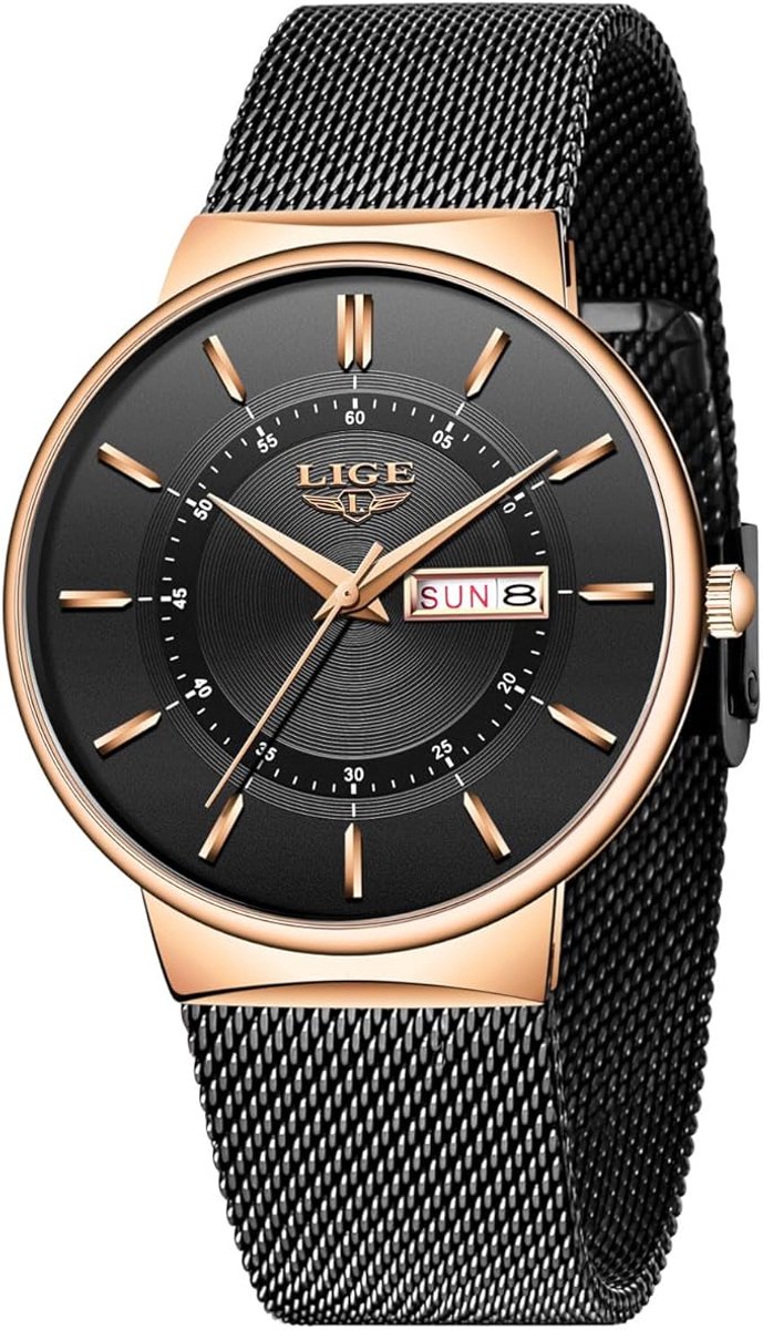 Lige - Luxe Herenhorloge - Mesh Polshorloge - Heren - Horloge - Horlogedoos - Mannen Watch - Goud Zwarte Horloge - Zwart ijzeren band | Ultra Dun - Waterdicht - Roestvrij Staal - Mesh Band - Datumweergave - Quartz | 42MM Ø