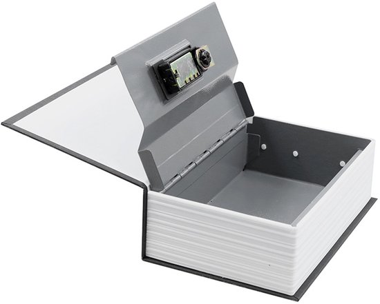Een open boekkluis die een grijs metalen interieur met een combinatieklavier toont.
