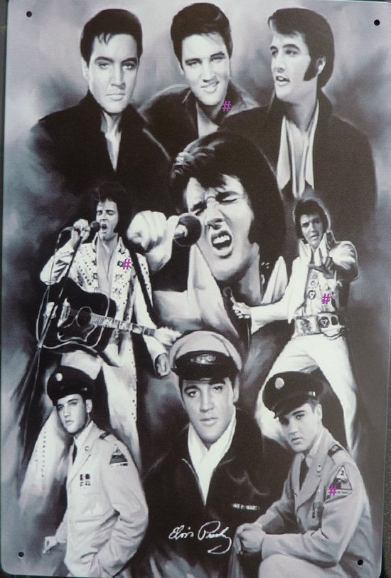 Elvis Presley Collage Metalen Wandbord, Maat:20x30 cm - Bands-Artiest-Muziek-Werkplaats-Garage-Classic Car-oldtimer-Man Cave-Wandbord Mancave-Kroeg decoratie-Tekstbord-Metalen wanddecoratie