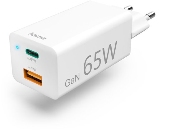 Hama 65W GaN Snellader - 1x USB-C PD, 1x USB-A QC - mini - Wit