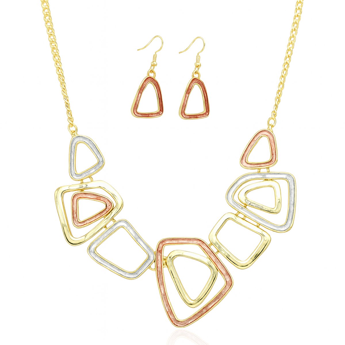Rood Blauw Goud Geometrische Hol Ontwerp Ketting en Oorbellen Set voor Dames – Milieuvriendelijke Legering