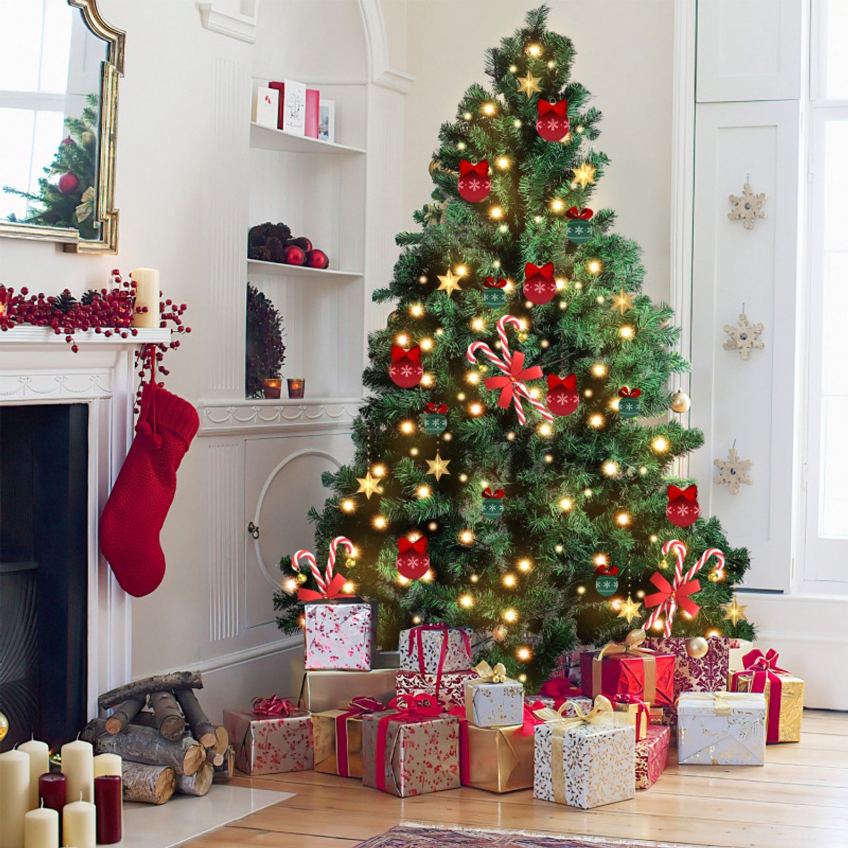 Luxe 180 cm kunstkerstboom met heldere LED-verlichting en merkloos design.