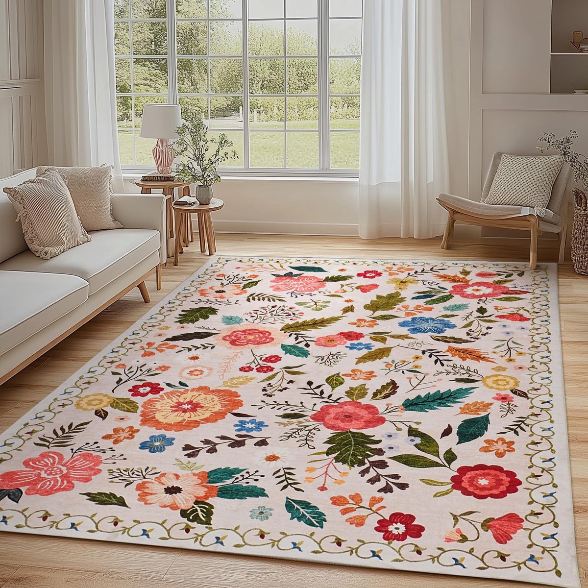 Azomor® Wasbaar laagpolig tapijt met bloemenpatroon voor diverse interieurstijlen