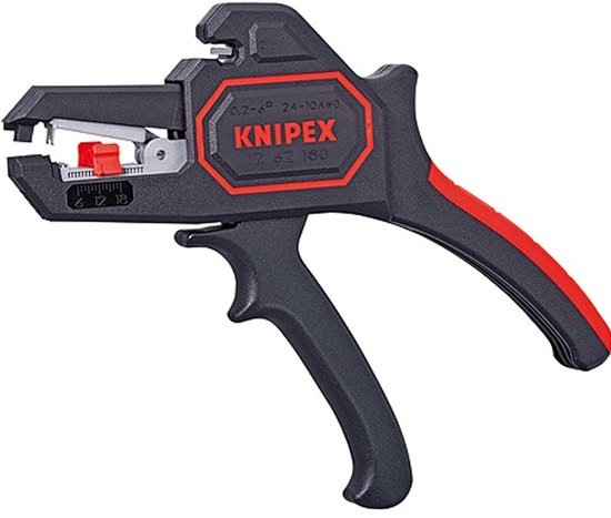 Zwarte kabelstripper met rode accenten en handgrepen. Knipex logo en specificaties op de behuizing.