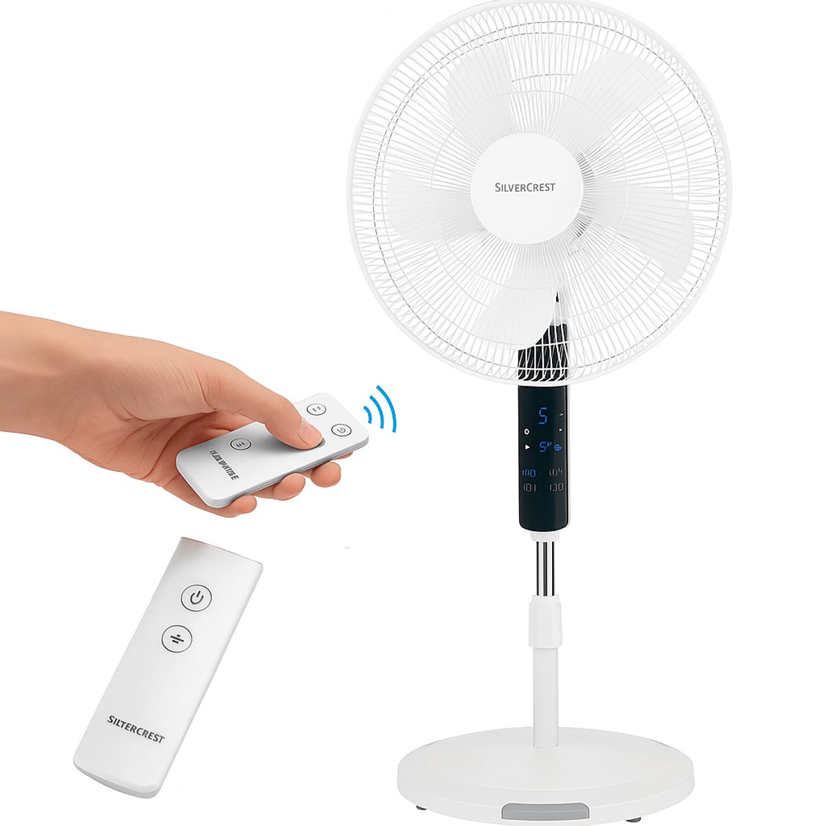 SILVERCREST® Statiefventilator DAB+ 40 cm – Stille Ventilator met Afstandsbediening, LED Display & 3D Oscillatie – 6 Snelheden, 4 Ventilatiestanden, Timer & Verstelbare Hoogte