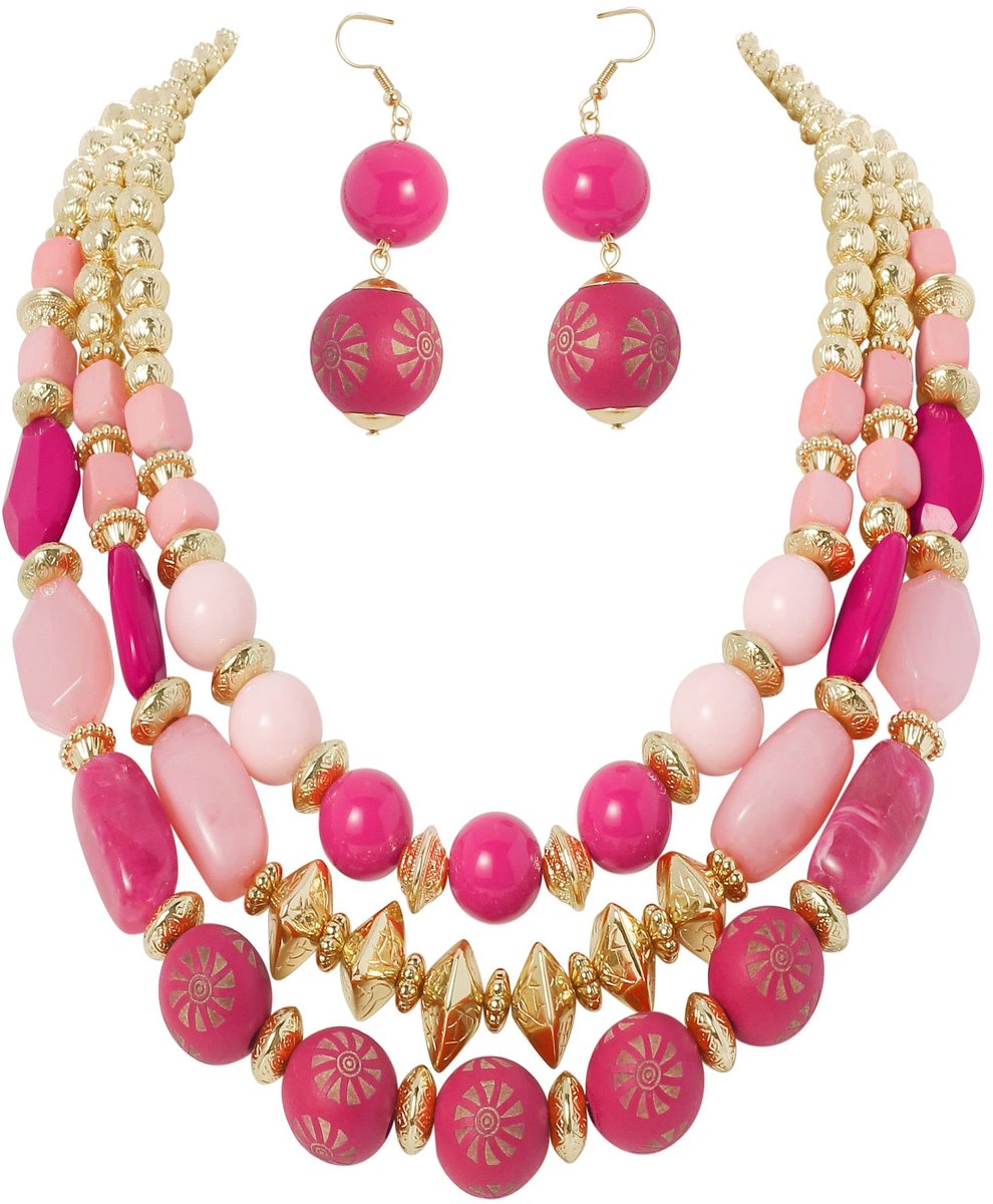 3 Layer Chunky Statement Beaded Necklace Fashion Multi Layer Women Collar Necklace (NK-10625)(Bright Rose-Gold), Standard, Wood Gemstone Acrylic, No Gemstone