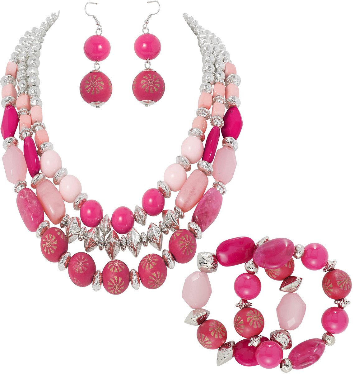 3 Layer Chunky Statement Beaded Necklace Set with Earrings Fashion Multi Layer Women Collar Necklace, standard, No Gemstone, No Gemstone
