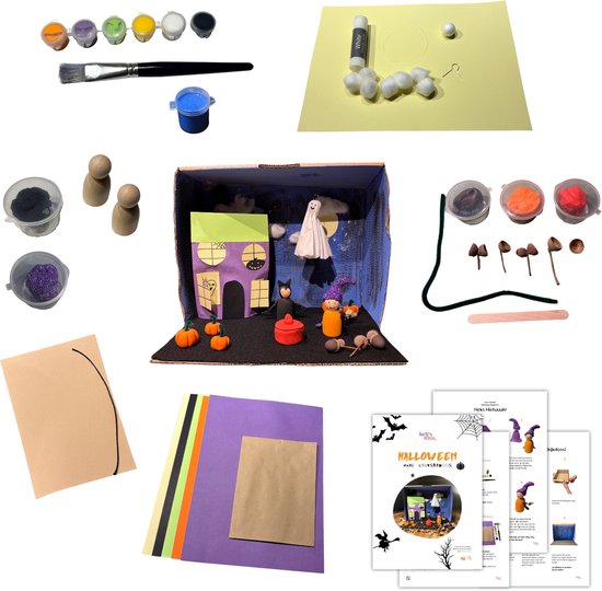 Griezel Knutseldoos voor Kinderen Vanaf 4 jaar - Compleet Creatief Knutselpakket met Verf, Klei, Vilt & Papier – Maak je eigen Spookhuis, Heks, Vleermuis en Pompoen – Herfstvakantie Activiteit of Cadeau – Knutselen met Kinderen – Petits Artistes
