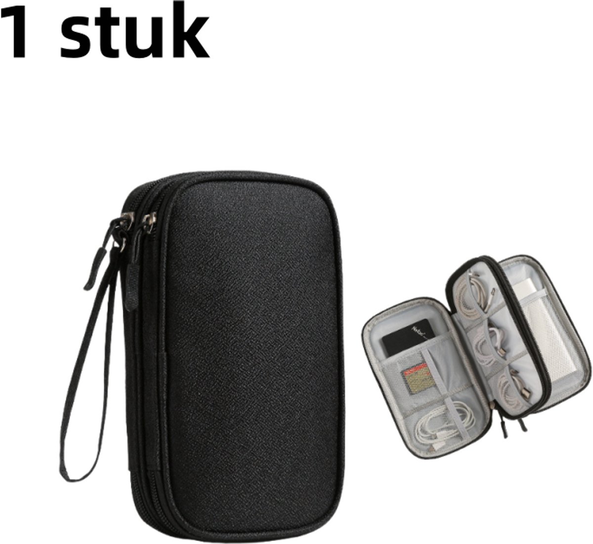 Image of 1 stuk - Opbergtas voor datakabel - geschikt voor oplader, mobiele stroom, oplaadkabel - reisschokbestendig - zwart (dubbellaags)