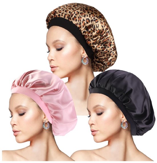 EXCITAT Zijden slaapmutsen - 3-pack - Nachtelijke zijden stretch satijnen haarmutsen - Zachte slaapmutsen geschikt voor vrouwen - Zwart, roze, luipaard