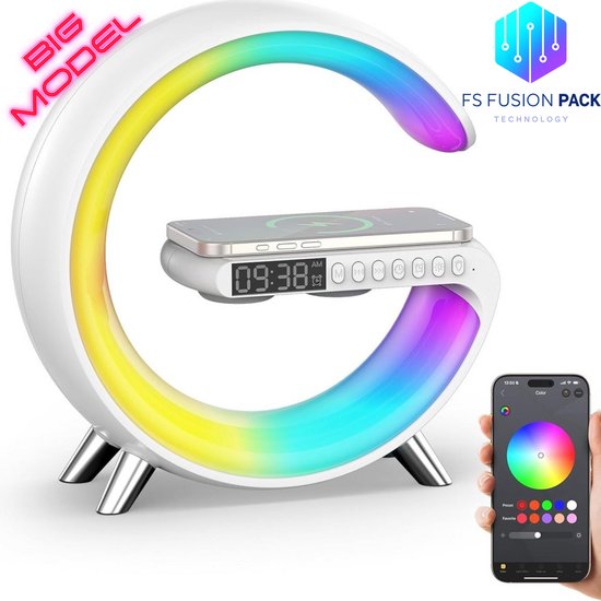 Groot G-Light - Lampe de table Smart avec haut-parleur Bluetooth , recharge sans fil 15 W, éclairage RGB , veilleuse moderne avec Wekker , rechargeable par USB , cadeau de Noël