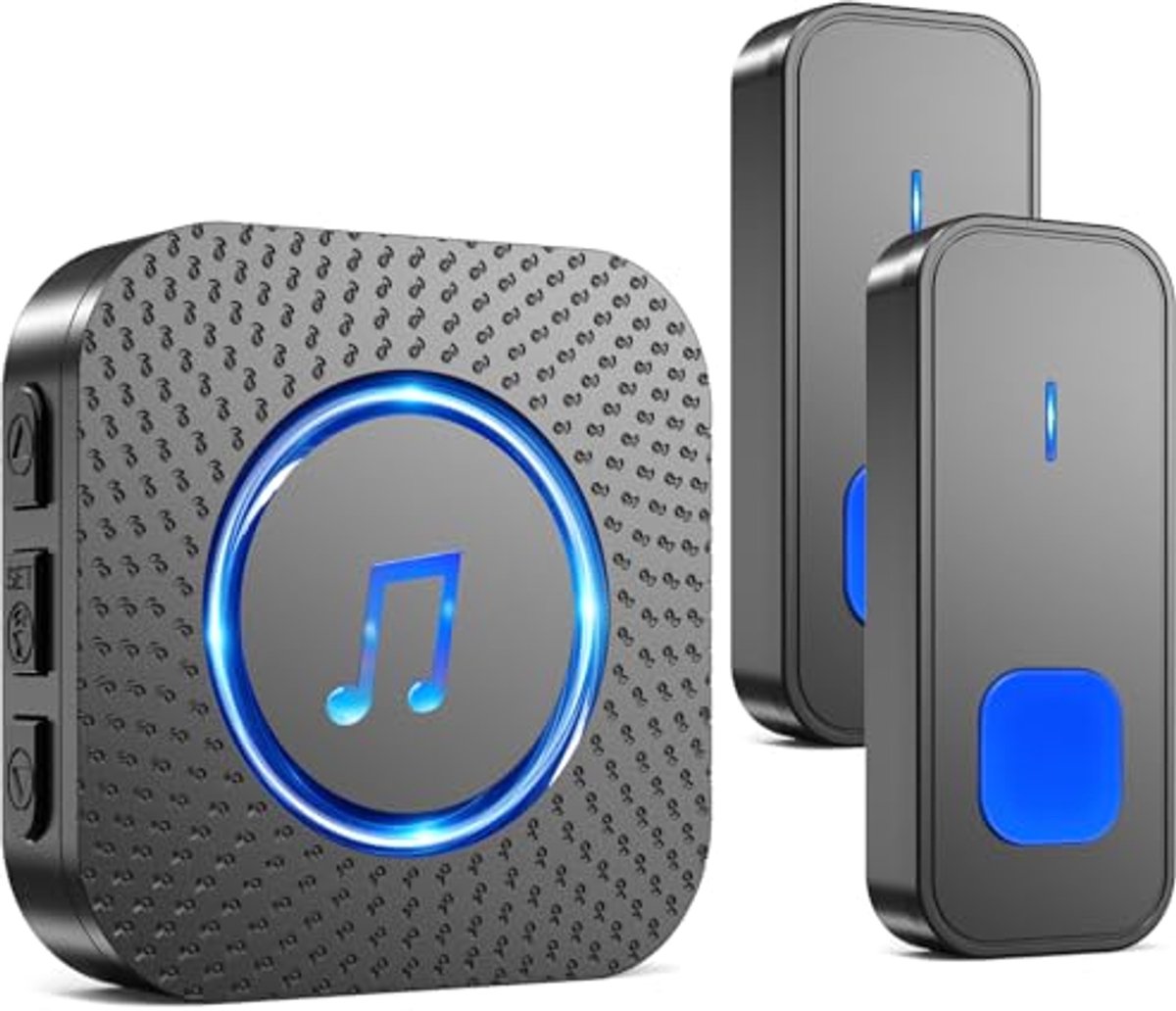 Draadloze Deurbel met 400M Bereik en Waterdichte Constructie, 2 Zenders, 55 Melodieën, LED-Display, Plug-in en Batterij Voor Buiten