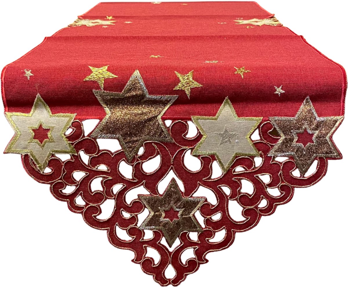Tafelloper - Kerst - Linnenlook - Rood met sterren in goud en koper - 40 x 140 cm