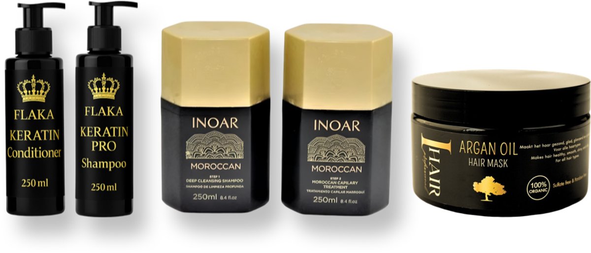 Inoar Moroccan marokaanse keratine behandeling 2x250ml & Shampoo & Conditioner na Keratinebehandeling & Masqué