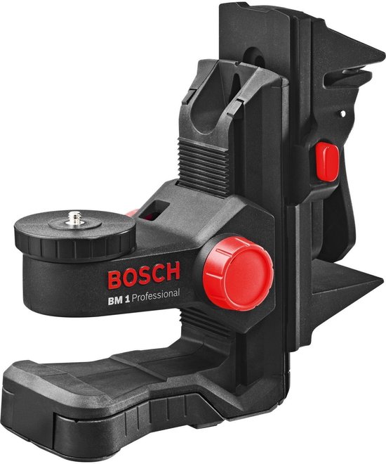 Zwarte Bosch BM 1 Professional houder met rode knoppen en schroefdraadbevestiging.