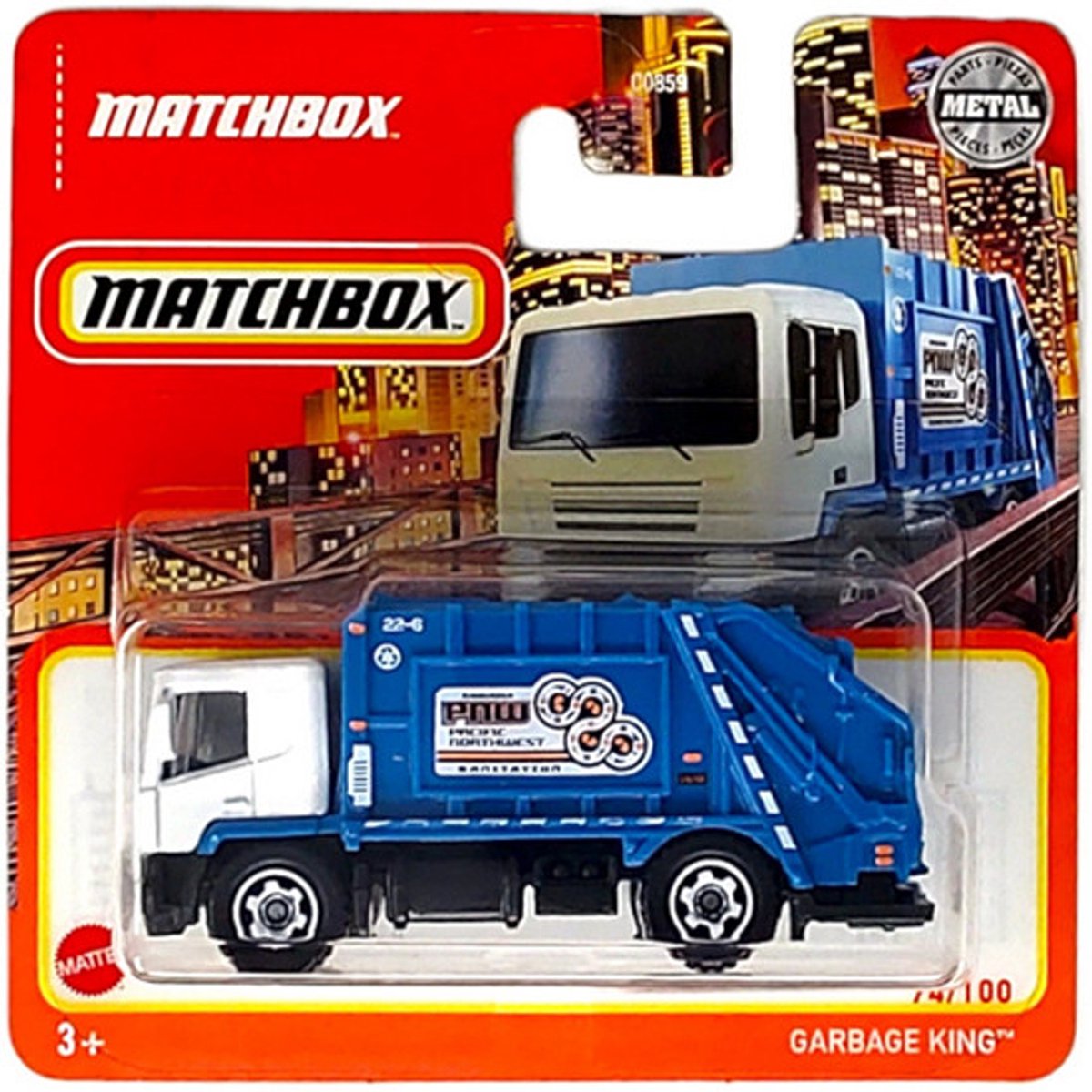 MATCHBOX GARBAGE KING TRUCK VUILNISWAGEN BLUE WHITE PNW PACIFIC NORTHWEST 74-100 (1:64) SHORT CARD METAL