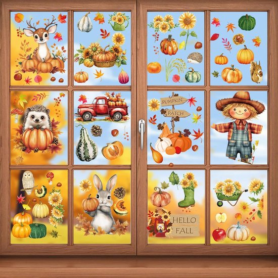 Herfst raamstickers - 99 herfst raamstickers - Thanksgiving raamstickers - Met pompoenen, vogelverschrikkers, vrachtwagens, dieren en esdoornbladeren - Dubbelzijdige herbruikbare statische raamstickers - Perfect voor herfstoogstfeeststickers, glassti