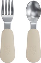 Broemba RVS Kinderbestek - Baby Lepel & Baby Vork met siliconen grip - 100% BPA-vrij Babybestek - Kinder Lepeltje en Vorkje - Beige Peuterbestek