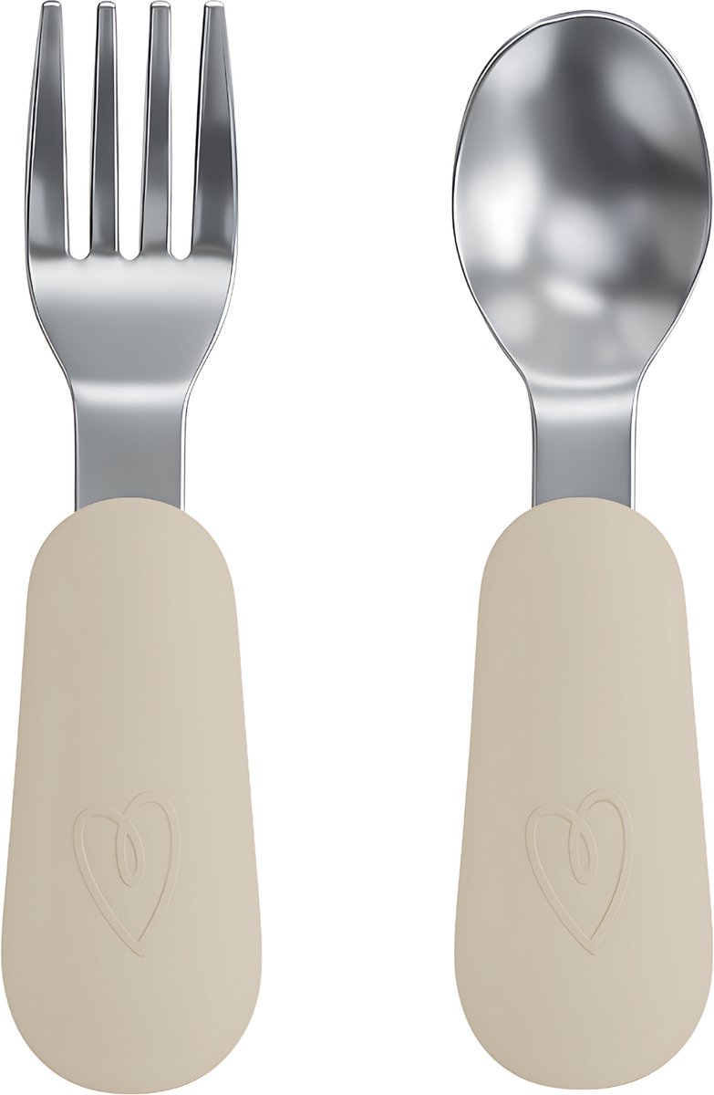 Broemba RVS Kinderbestek - Baby Lepel & Baby Vork met siliconen grip - 100% BPA-vrij Babybestek - Kinder Lepeltje en Vorkje - Beige Peuterbestek