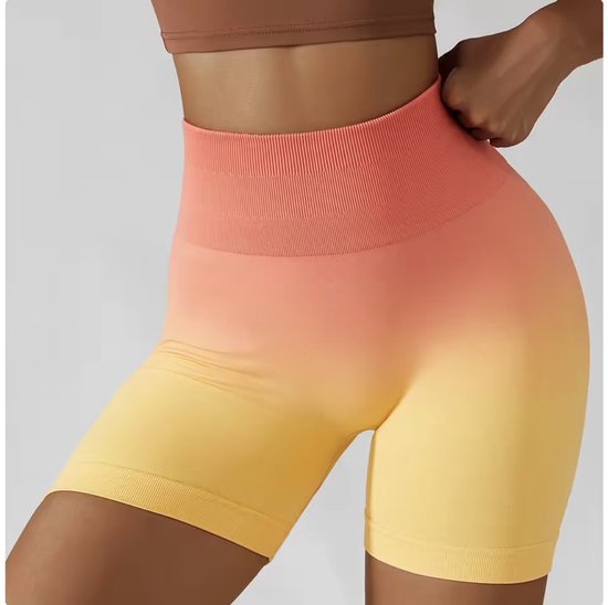 Short de sport Ombre Sunset - Taille XL - Flame Solar - Jaune - Oranje - Short de sport sans coutures pour femme - Leggings courts - Yoga / Course à pied / Salle de sport / Fitness
