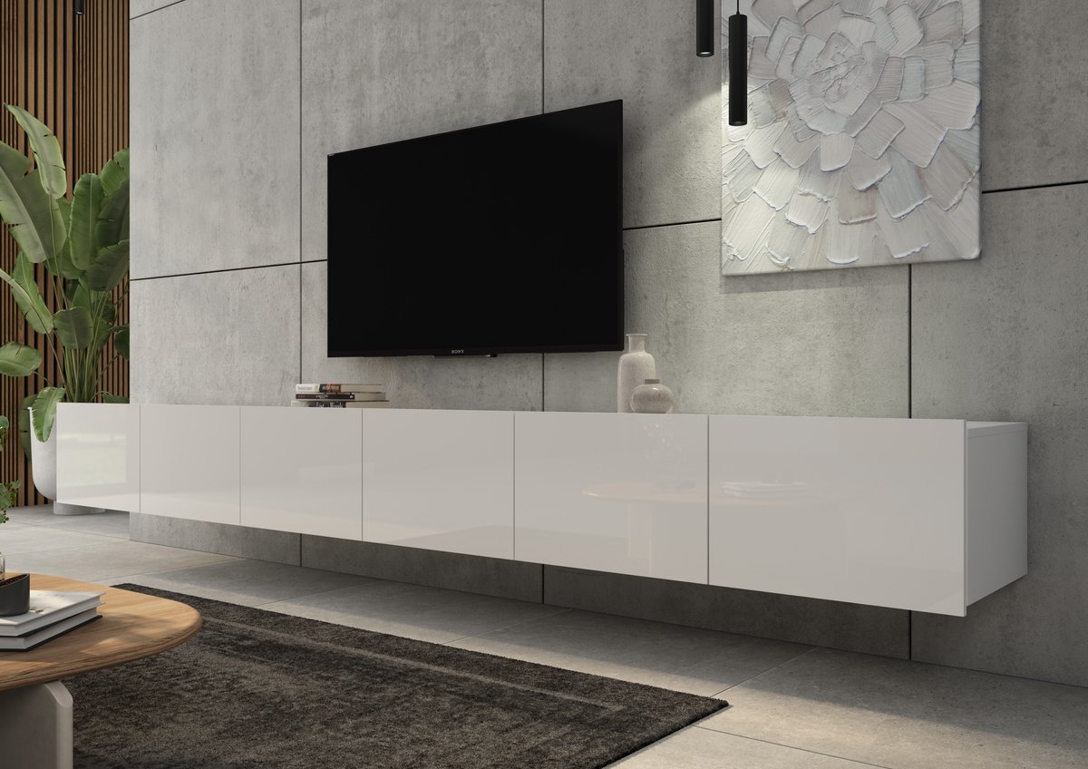 Promeubels - Tv meubel Cosenza - Wit hooglans - 300cm (2x 150cm) - Tv kast - Hangend of staand
