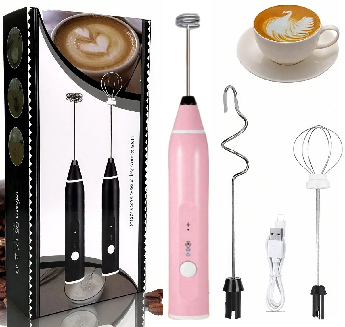 Melkopschuimer- melkopschuimer elektrisch-Oplaadbare melkopschuimer-Handzame elektrische opschuimer- Met 2 roestvrijstalen koppen- Miniblender met 3 snelheden-ideaal voor koffie - Egg Wash- Latte Cappuccino- Warme chocolademelk Matcha (roze - 27*3*3)