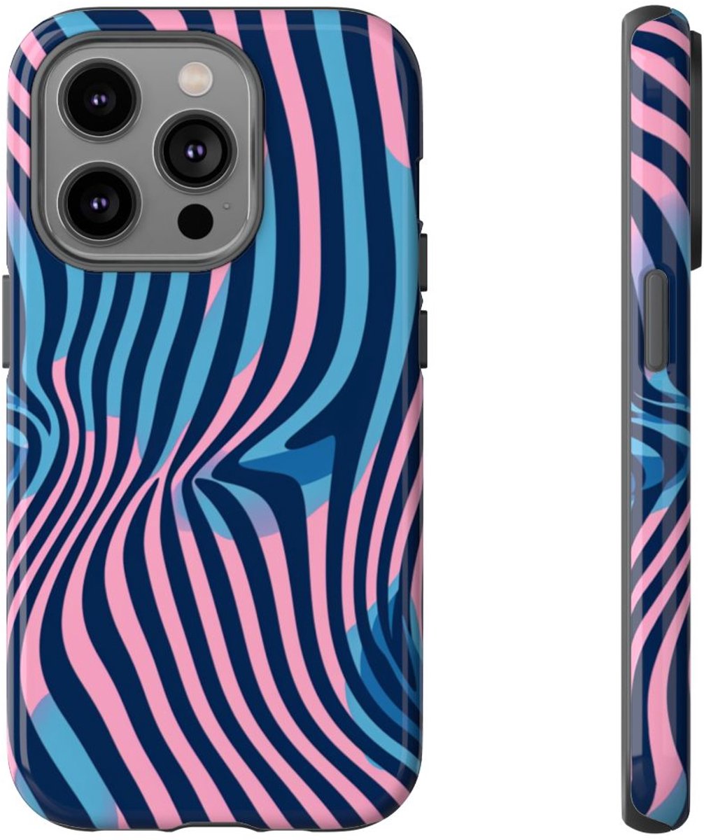 Golvend Blauw-Roze Optische Illusiepatroon – Telefoonhoesje Geschikt voor iPhone 14 Pro