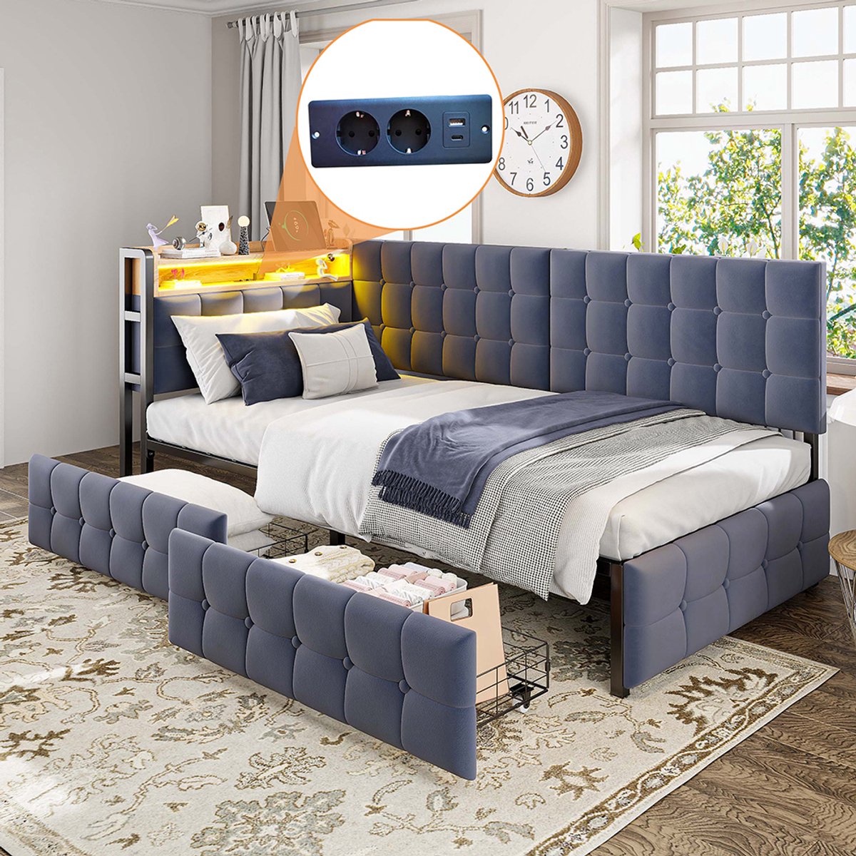 Komhtom Gestoffeerde slaapbank 90 x 200, gestoffeerd bed met 2 lades en LED-nachtlampje, USB- en Type-C-aansluiting, multifunctioneel bootbed voor kinderen, grijze eenpersoonsslaapbank