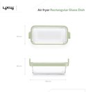 Rechthoekige glazen airfryer schaal, met lichtgroene rand en handvatten. Afmetingen 199x94x89 mm.