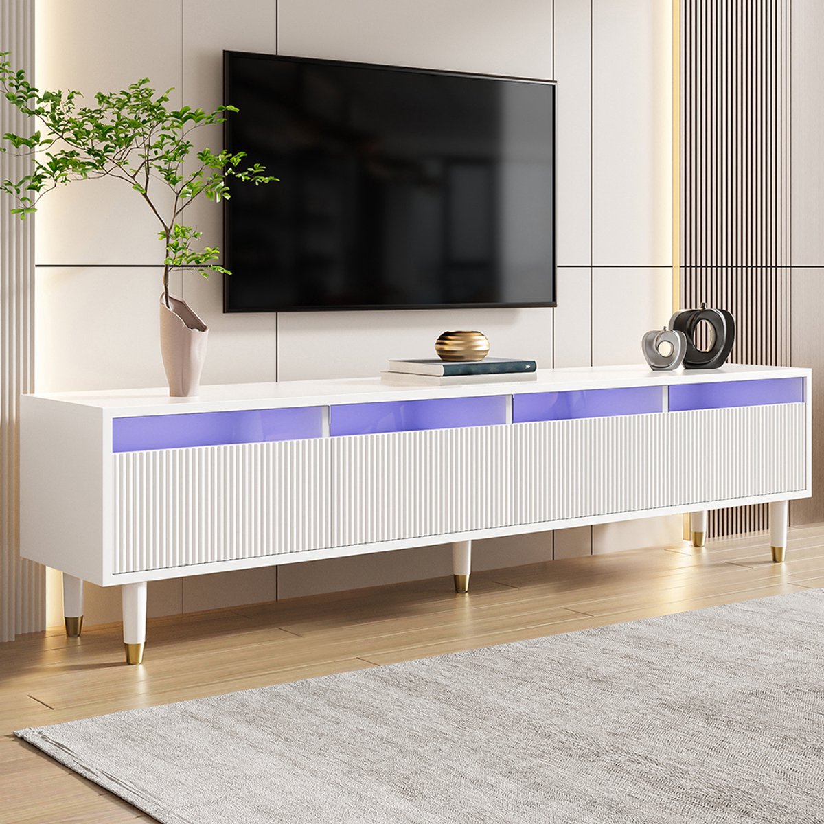 YEHTOKHOME Modern TV Meubel – 178 cm – Geschikt voor TV tot 75 inch – MDF & acryl - met 4 lades - LED verlichting - TV Kast wit voor woonkamer & slaapkamer