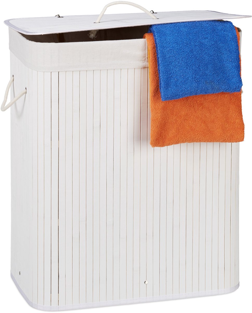 2x wasmand 2 vakken - bamboe wasbox wit - 95 liter - opvouwbaar - met deksel
