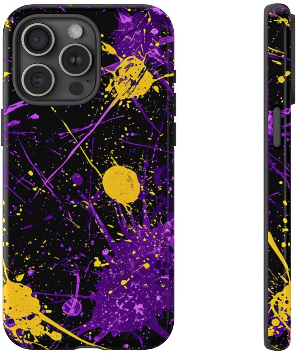 Paarse en Gele Verfspatten Abstract – Telefoonhoesje Geschikt voor iPhone 15 Pro Max