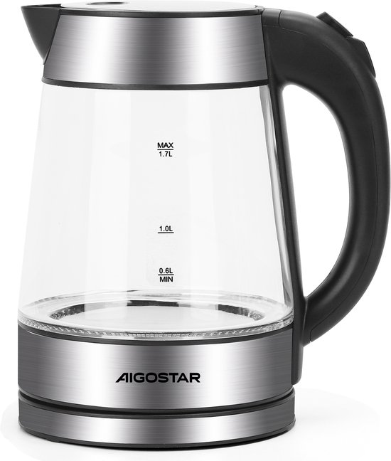Aigostar Chubby 30LCZ - Elektrische Waterkoker - Retro - 1,7L - met LED - Waterniveau indicator - 2200W - Glas - RVS