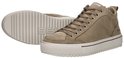 Paar taupe Rehab sneakers met crèmekleurige, gekartelde zolen. Eén sneaker ligt op zijn zij.