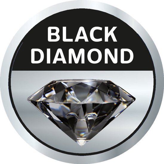 Logo 'BLACK DIAMOND' met een facet geslepen zwarte diamant.