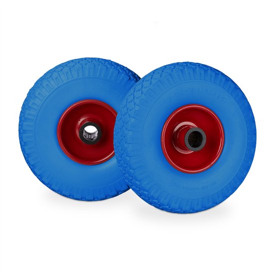 relaxdays 4 x roue de diable - jante acier - anti crevaison - axe 25 mm - 100 kg - bleu-rouge