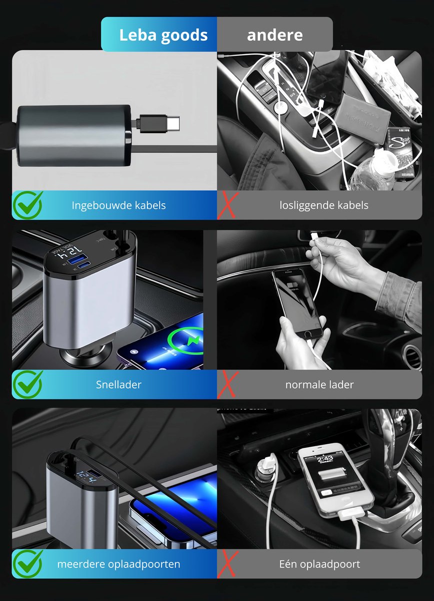 Leba 120W 4-in-1 Autolader USB-C & Lightning thumbnail 6