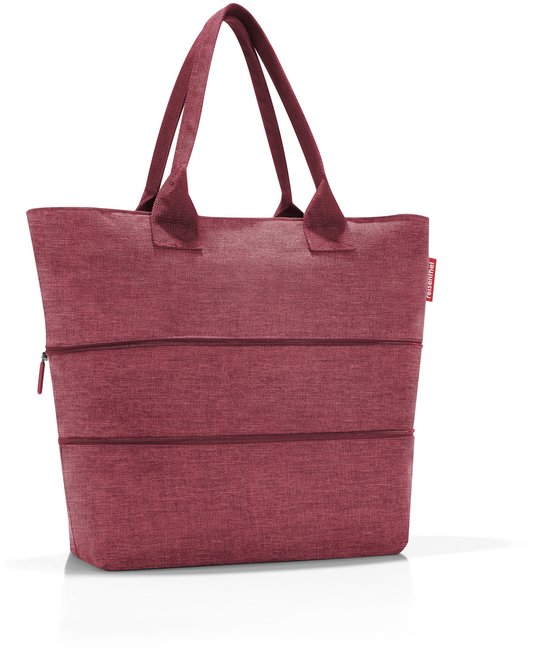 Bordeauxrode shopper met twee handvatten en drie horizontale ritsen.