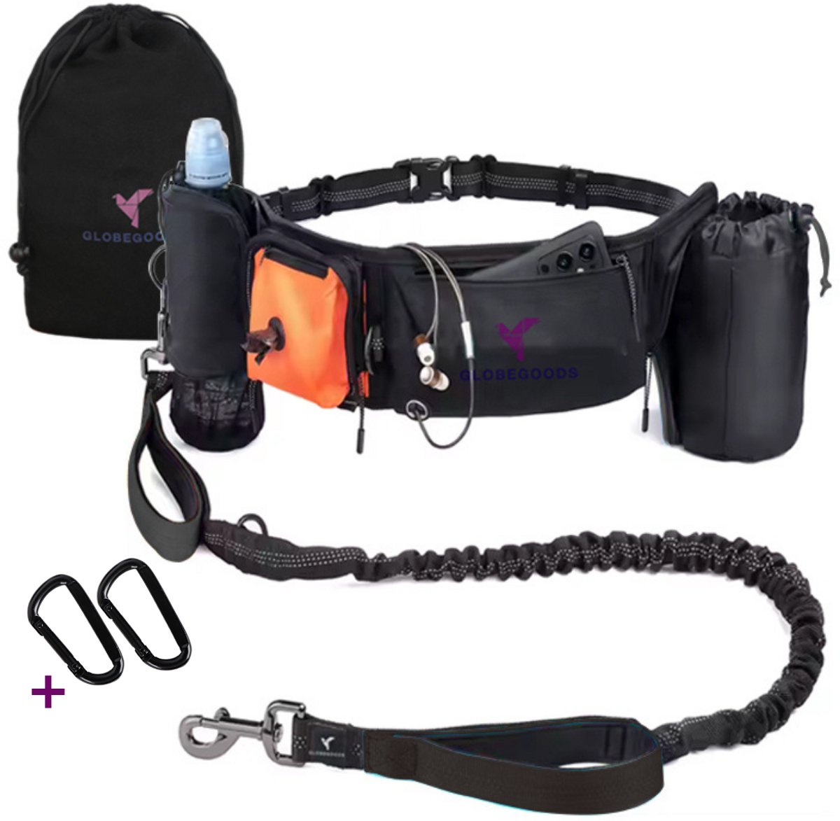 Handsfree Hondenriem met Heuptas – Hardloopriem hond – Looplijn met Heupriem – Honden Trainingslijn – Elastische Looplijn 150-200cm – Zwart