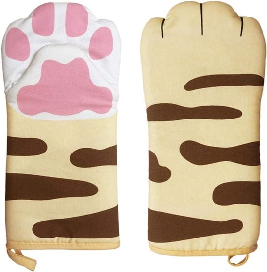 Twee ovenwanten. De ene is beige met bruine strepen en een pootvorm. De andere is beige met bruine strepen aan de onderkant en een witte poot met roze kussentjes aan de bovenkant.